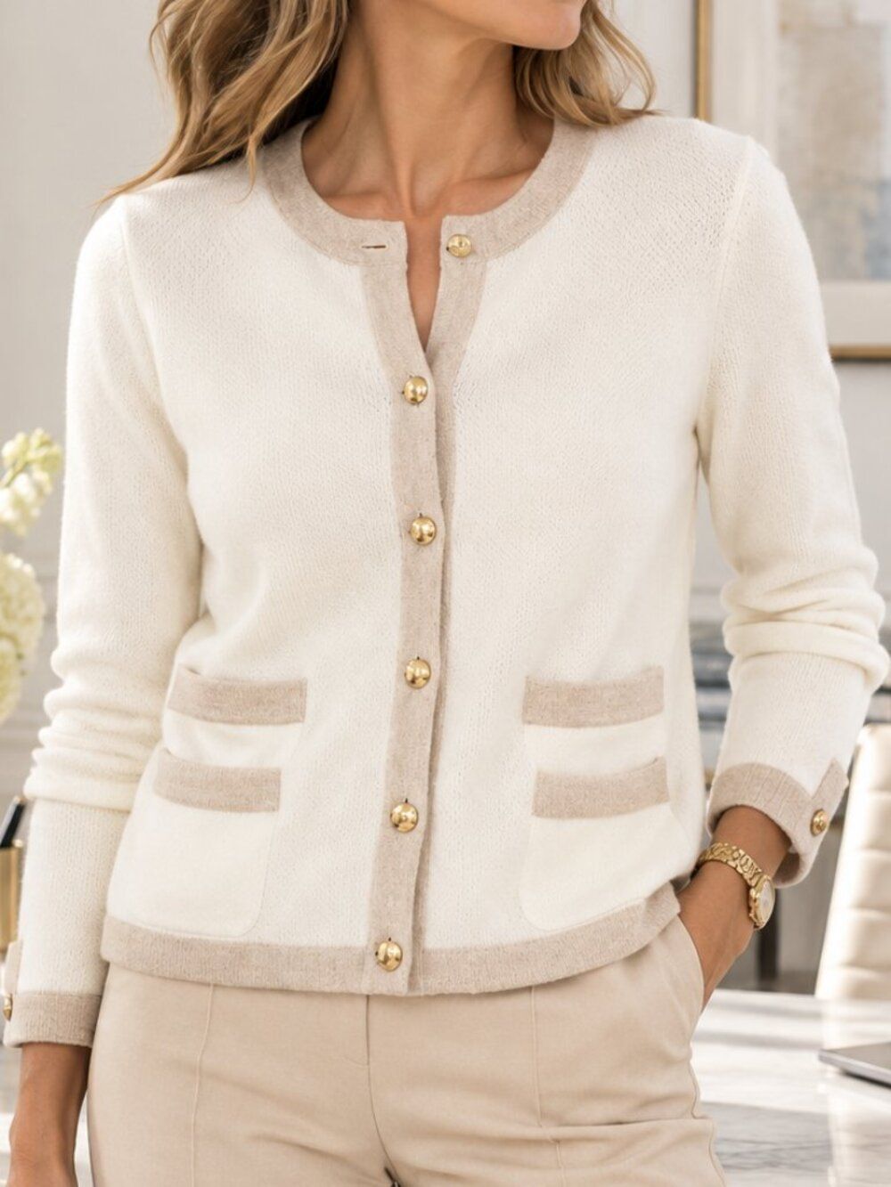 J. McLaughlin Ainsley Cashmere Cardigan Sweater Ivory Oatmeal Gold Buttons S - Picture 2 of 9